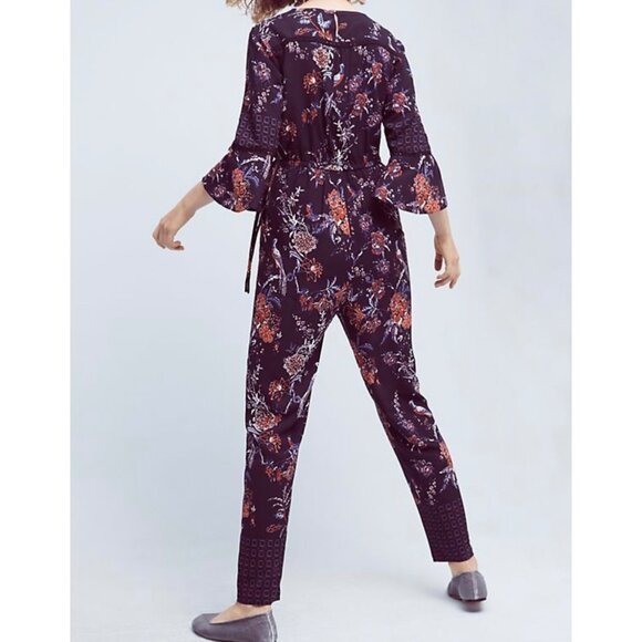 Anthropologie Maeve Espoir Jumpsuit V Neck Floral Bird Print 3/4 Bell Sleeve Mul - Picture 2 of 15